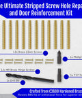Image showing 12 Pack Brass Door Hinge Repair Kit For Stripped Screws with brass screws, drill bit, Torx and Phillips bits.
