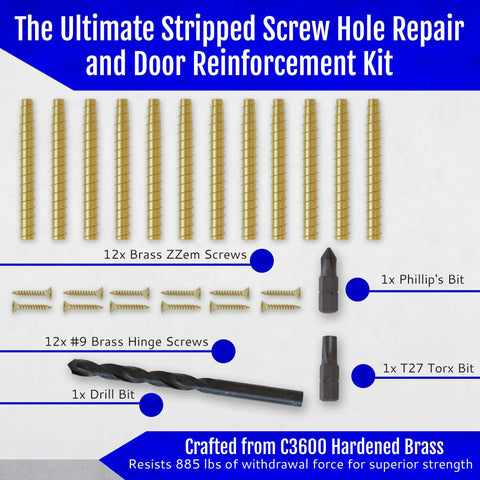 Image showing 12 Pack Brass Door Hinge Repair Kit For Stripped Screws with brass screws, drill bit, Torx and Phillips bits.