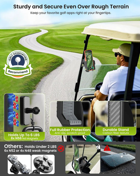 Golfer using Magnetic Golf Cart Phone Holder Mount Holds Up To 6 Lbs Easy Clip Install, affixed to golf cart.