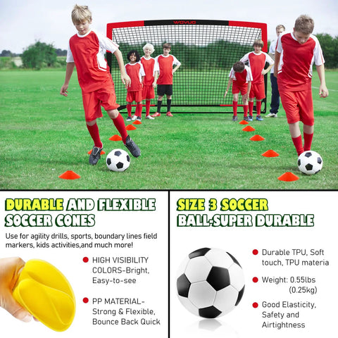Kids playing soccer with Backyard Soccer Goals Set Of Two Six By Four Feet Portable Pop Up Training Goals and cones in a field.