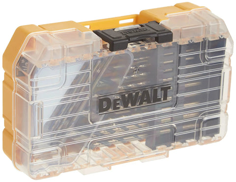 20-Piece Black Oxide Drill Bit Set For Wood Metal And Plastic With 135-Degree Split Point displayed in a DeWalt case