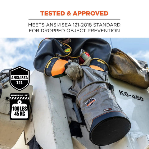 Worker with 5973 Large Nylon Hoist Bucket Tool Bag With D-Rings And Zipper Top Gray on industrial ladder, ANSI ISEA 121 certified.