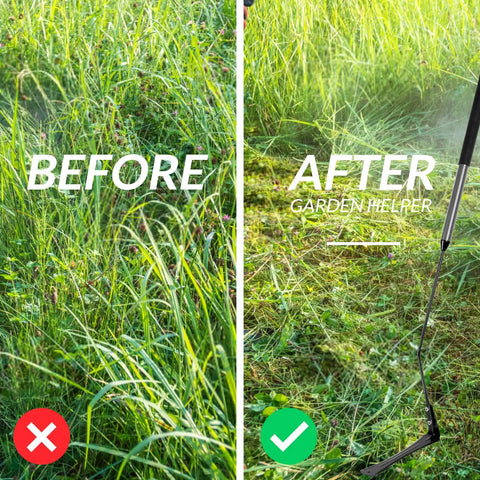 Before and after using Double Edged Serrated Grass Cutter With 8 Inch Steel Blade And 22 Inch Soft Rubber Handle