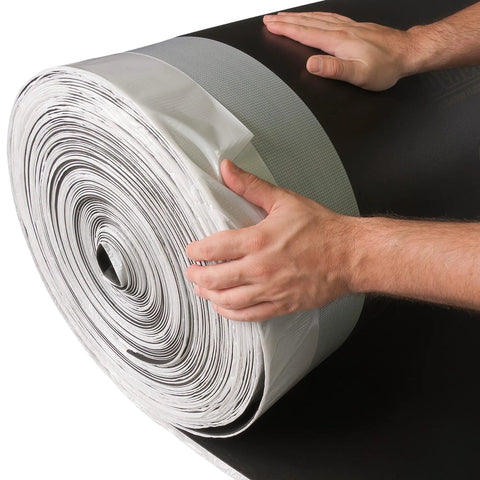 Straight Shooter Floor Underlayment For Laminate And Engineered Wood, 600 Square Foot Roll, heavy-duty foam roll being handled.