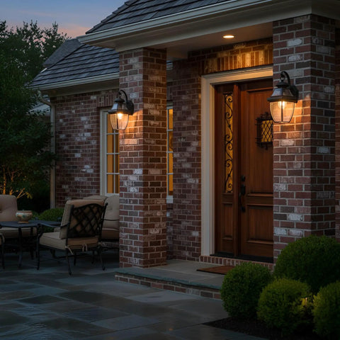 Outdoor scene with Newbury 14 Inch Outdoor Wall Lantern in Mystic Black With Clear Beveled Glass, illuminating a brick porch.