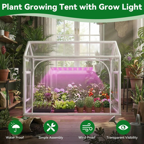 Indoor Mini Greenhouse With Grow Lights And Timer For Seed Starting, Three Light Color Modes, Thickened PVC Tent