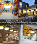 LED Construction String Lights 50Ft Industrial Grade Beefy Build in various locations including job site and patio.