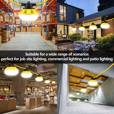 LED Construction String Lights 50Ft Industrial Grade Beefy Build in various locations including job site and patio.