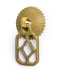 Flower Box Brass Cabinet Pulls Set of 2, 2.1 Inch Length Brass Hardware Handles For Cabinets And Furniture, Architectural Interior Design Hardware With Radial Washer Accessories For Easy Installation, shown close-up thin ornate geometric brass plate with circular, radial brass washer accessory.
