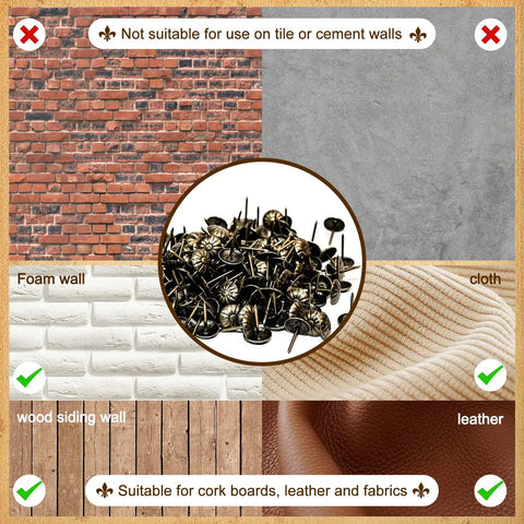 Top Shelf Brass Upholstery Tacks For Furniture Restoration, 200 Piece Box showing uses on foam, wood, and leather fabrics.