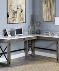 Top Notch L Shape Electric Sit Stand Computer Desk Featuring Snap Adjust Height Controls Capacious Sliding Barn Door Cabinet And Tangled Cord Elimination Setup Made For Cozy Home Offices in a stylish corner setup.