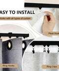 Heavy Duty Ceiling Curtain Track System For Room Divider And Wall Mounted Sliding Curtain Rail With Clips And Hooks For Living Room Bedroom Shower And Outdoor Use Aluminum Alloy Weather Resistant 6 To 9 Feet Black, illustrating installation with ring hooks, ring clips, and pleat hooks.