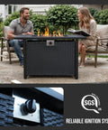 Couple enjoying Propane Fire Pit Table 43 Inch Rectangle Outdoor Gas Fire Pit for Patio Balcony and Backyard 2 in 1 Dining Table.