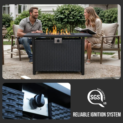 Couple enjoying Propane Fire Pit Table 43 Inch Rectangle Outdoor Gas Fire Pit for Patio Balcony and Backyard 2 in 1 Dining Table.