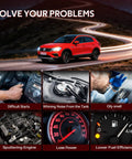 Difficult starts and engine issues highlighted around a red SUV on a winding road, showcasing common fuel pump problems.