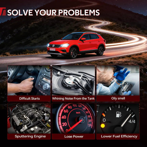 Difficult starts and engine issues highlighted around a red SUV on a winding road, showcasing common fuel pump problems.