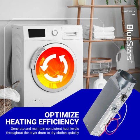 Easy Install Dryer Heating Element Assembly For LG Dryers Replacement 5301EL1001A next to a dryer showing heat optimization