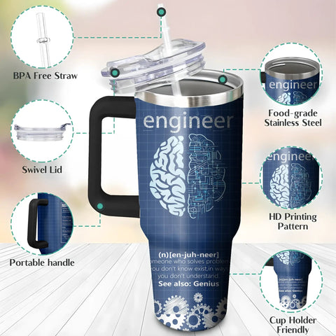 40 Ounce Insulated Stainless Steel Tumbler With Handle And Straw For Engineers Built Tough Double Wall Coffee Cup Reusable Engineer Mug Gift for Engineers and Makers with swivel lid, BPA-free straw, and engineer design pattern.