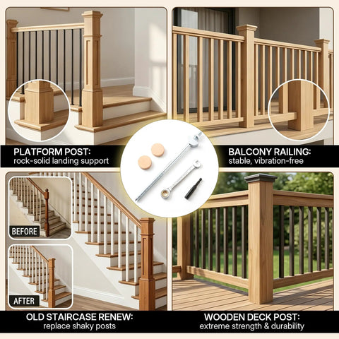 Heavy Duty Hidden Newel Post Mounting Kit With Rail Bolt Wrench And Rock Solid Base Plate Hardware For Wooden Stair Railing Deck Balusters No Fuss Setup, showcasing balcony railing and platform post.