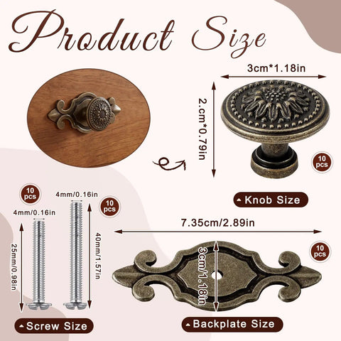 Product size details of Antique Brass Cabinet Knobs 10 Pack With Backplates showing knob, backplate, and screw dimensions.