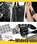 Studded leather accessories with Dope 550 Piece Punk Studs And Spikes Kit for clothes and craft projects, tools included.