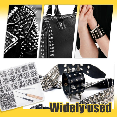 Studded leather accessories with Dope 550 Piece Punk Studs And Spikes Kit for clothes and craft projects, tools included.
