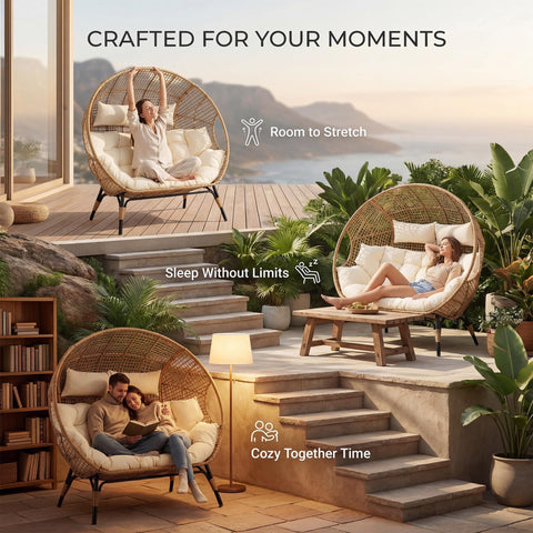 Oversized Double Egg Chair For Indoor And Outdoor Use With Thick Padded Cushions Two Seater Loveseat on patio with plants.