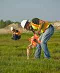 Worker using Hi Viz Orange Fiberglass Tape Measure Half Inch By One Hundred Meters Dual Sided SAE And Metric Tape With Open Four Arm Frame