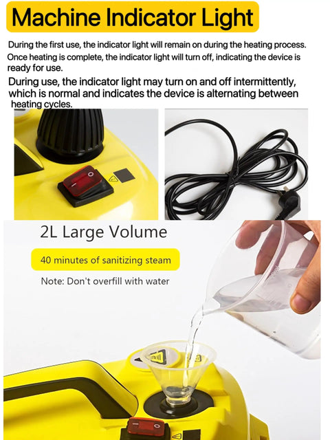 Heavy Duty Two Liter Canister Steam Cleaner Loaded With Eighteen Versatile Tools And Rapid High Temperature Steam Mop, showing indicator light and water filling
