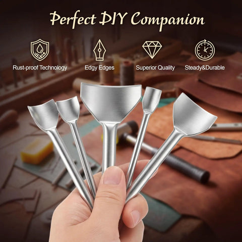 Leather Corner Punch Set With Double Sided Mallet Five Popular Sizes Leather Corner Cutters for DIY leather projects, close-up view.
