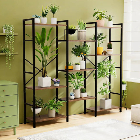 Four Tier Book Shelf With Sturdy Metal Frame Freestanding Modern Bookcase Display Shelves For Living Room Office Garage Big Capacity Storage For Books Lego Plants And Decor Rustic Brown Finish with plants