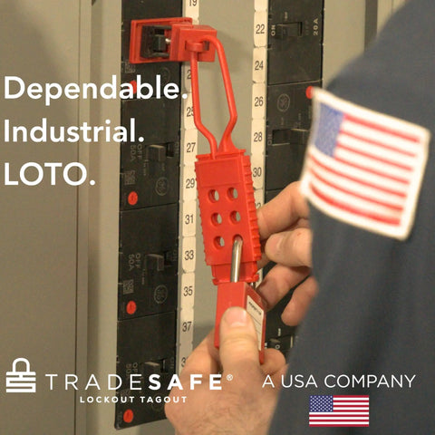 Person installing Clamp On Circuit Breaker Lockout Device Kit 10 Pack For 120/277 Volt Single Pole Toggles Up To 5/8 By 1/2 Inch OSHA Compliant
