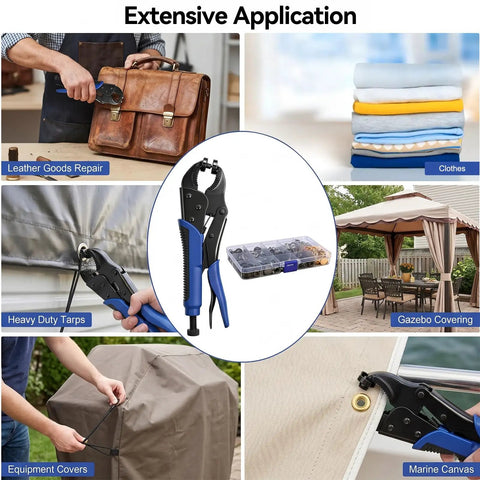 Straight Shooter 266 Piece Snap Fastener Tool Kit With Adjustable Pliers And Premium Hardware Dies For Knocking Out Jacket And Denim Repairs With Zero Sweat Your Go To Gear For Sewing Enthusiasts, showcasing diverse applications including leather goods and tarps.