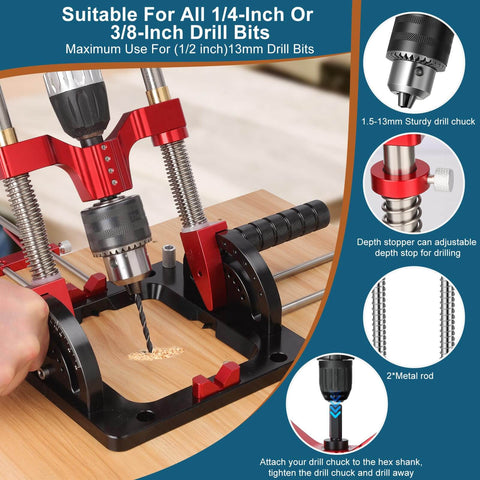 Upgraded Portable Drill Guide For Precise Straight Holes, Adjustable From Zero To Sixty Degrees, metal clamps on wood surface