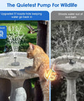 Solar Fountain Pump for Bird Bath and Pond, 6.5W Solar Water Pump With Dry Run Protection And Double Layer Nozzles, shown installed in a bird bath with a cat observing.