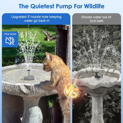 Solar Fountain Pump for Bird Bath and Pond, 6.5W Solar Water Pump With Dry Run Protection And Double Layer Nozzles, shown installed in a bird bath with a cat observing.
