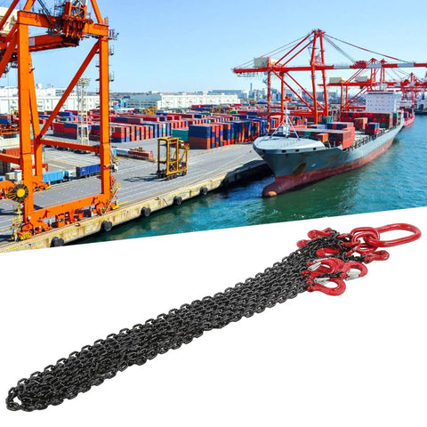 Four Way Chain Slings With Four Legs And Sling Hooks Lifting Chain Adjustable 6mm 2 Meter 1 Ton Capacity For Mines Ports Buildings And Steel Plants Industrial Grade displayed in a port setting.
