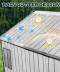 Rain gutter design of 8 X 10 Ft Resin Outdoor Storage Shed With Floor, Windows And Lockable Door, wood grain exterior, in use.