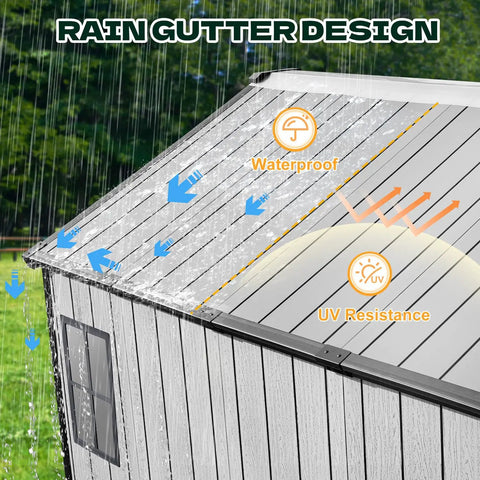 Rain gutter design of 8 X 10 Ft Resin Outdoor Storage Shed With Floor, Windows And Lockable Door, wood grain exterior, in use.