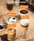 4 In 1 Electric Milk Frother For Barista Grade Foam And Milk Warmer With Temperature Control Makes Cold Foam Or Warm Foam And Hot Milk For Lattes, Cappuccinos, Macchiatos with drinks in cups