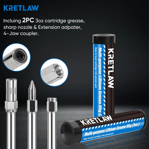 KRETLAW mini grease gun 3000 PSI with 12-inch flex hose and dual 3oz grease cartridges for automotive/marine