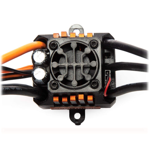 Close-up of 85A Brushless Smart ESC And 4000Kv Sensorless Motor Combo For RC Cars, features cables and connectors.