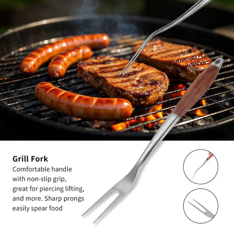Heavy Duty Rosewood BBQ Tools Set For Grilling fork in use flipping steaks and sausages on a grill, stainless steel and rosewood handle
