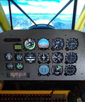 Flight simulator cockpit panel with various control dials and screens, yellow and black airplane visible through windows in background.