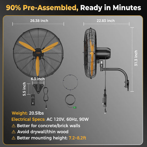 24 Inch Oscillating Misting Wall Mount Fan With Extended Wired Remote And Nine Point Eight Foot Power Cord For Greenhouse Garage Workshop And Covered Patio Cooling Solution, dimensions and specs listed