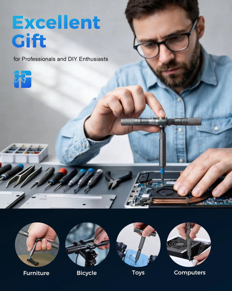 Person using 32 In 1 Magnetic Ratchet Screwdriver Set With Removable T Handle for computer repair with tools on table.