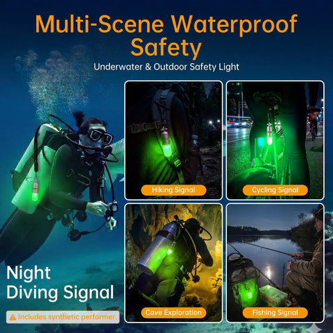 Diver using Two Pack Scuba Dive Strobe Signal Lights Mini Tank Lit Night Dive Markers Underwater LED Flashing Safety Beacons 150M Waterproof Dive Lights For Tanks Or BCDs Long Battery Life With AAA Batteries Green.
