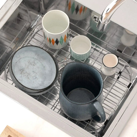 Stainless Steel Kitchen Sink Grid Protector 18 Inch Long By 13.4 Inch Wide With Center Drain Durable Sink Rack with dishes
