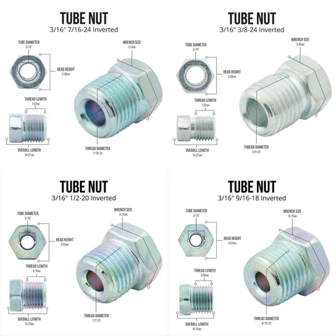 Copper Nickel Brake Line Replacement Kit 3/16 x 25 ft with Inverted Flare Fittings tube nut details