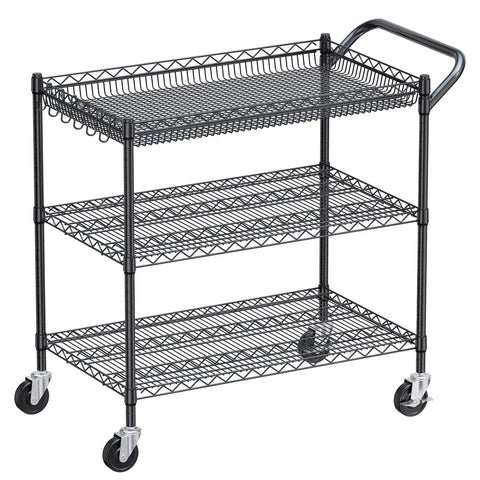 Heavy Duty Rolling Utility Cart Built Like A Tank For Busy Shops Rated At 1350 Lbs Commercial Metal Trolley Top Notch Swivel Casters NSF Certified Rugged Steel Server Rack Black Kitchen Crew Essential